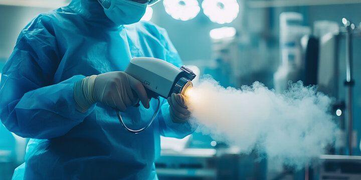 Close-up of a medical professional using a disinfectant fogging device in a sterile, illuminated operating room.