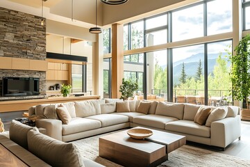 Naklejka premium Beautiful Modern Living room Interior with furniture's ,mockup frame , posters, wall -3d Rendering