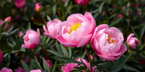 Fototapeta premium Vibrant pink peony flowers in full bloom creating a beautiful and romantic background, delicate, nature