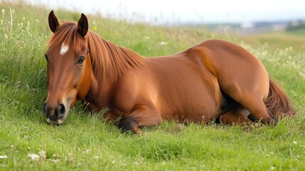 Fototapeta premium Horse grazing on a grassy sloped hillside- South Shields, Tyne and Wear, England