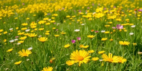 Obraz premium Vibrant yellow daffodil flowers swaying in a beautiful field under the bright sun, freshness, landscape, meadow