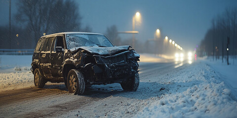 Obraz premium Black car damaged on a snowy road amid light snowfall, surrounded by a serene winter landscape and distant headlights.