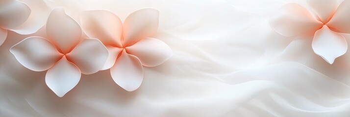 A soft, glowing abstract background featuring delicate white flowers on a smooth, flowing fabric