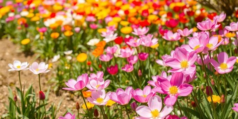Vibrant yellow daffodil flowers blooming in a vast field under the bright sun, garden, bloom, blossom