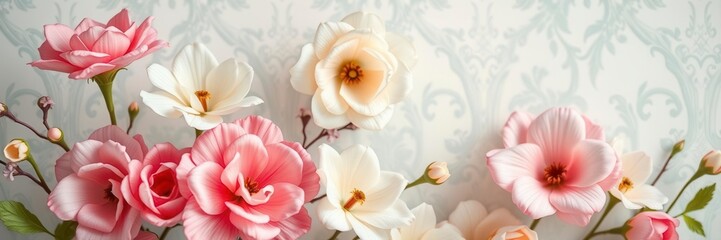 Vintage style artificial flowers wall background perfect for adding a touch of elegance to any space, design, bloom, feminine