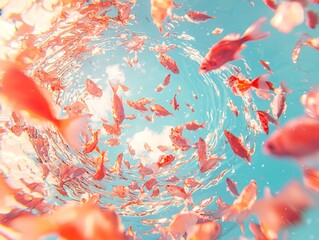 A vibrant underwater scene filled with swirling pink fish and clear water.