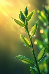Fototapeta premium Fresh Green Leaves with Morning Dew and Soft Sunlight Bokeh for Refreshing Nature Inspiration