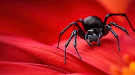 Black spider on red flower petal.