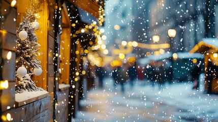 Glowing Christmas Market at Night with Snow and Lights