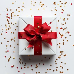 Gift box design elements with red ribbon bow and golden confetti, Generative AI