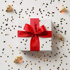 Gift box design elements with red ribbon bow and golden confetti, Generative AI