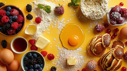 Pancake ingredients and fresh berries, flat lay food photography, eggs, butter, flour, maple syrup, vibrant yellow background, breakfast preparation, high-resolution image

