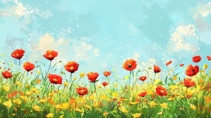 Obraz premium Vibrant Spring Field with Red Poppies, Yellow Daisies, and Lush Green Grass Under a Blue Sky