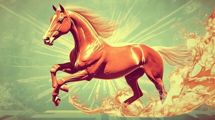 Dynamic Golden Horse: An Artistic Depiction in Molten Gold - Perfect Poster for Sports Interiors, Capturing Motion with Luxurious Splashes and Abstract Trails