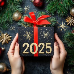 Gift Box with 2025 text, Celebration, New Year, Generative AI