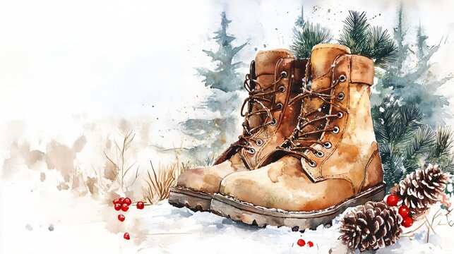 Winter Boots in the Snow - Watercolor Painting of Hiking Boots with Pine Cones and Berries