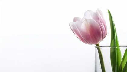Fototapeta premium one pink tulip in a glass vase isolated on white background