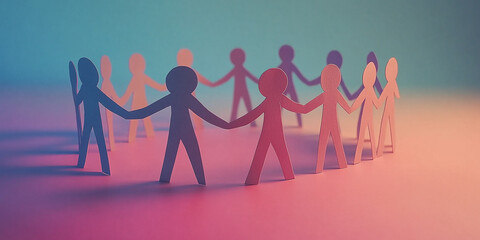 Colorful paper figures holding hands in a circle on a turquoise background, symbolizing diversity, teamwork, unity, and community.