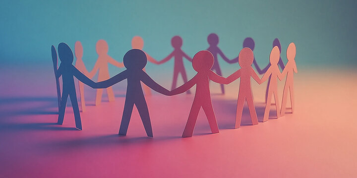 Colorful paper figures holding hands in a circle on a turquoise background, symbolizing diversity, teamwork, unity, and community.