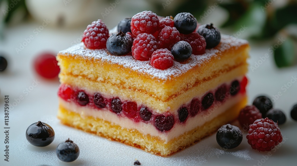 Poster delicious layered cake with fresh raspberries and blueberries decorated with powdered sugar on a rus