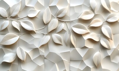 A panoramic image of white geometric 3D tiles featuring leaf patterns