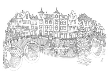 Obraz premium River in the old medieval town with Christmas fir-tree, festively set table, vine glasses and bottle of champagne. Black and white coloring book page