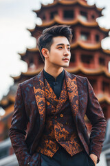 Fototapeta premium Asian young male in elegant suit standing by pagoda