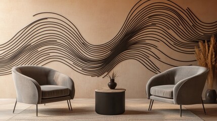 Modern living room with wave art, two chairs, and small table.