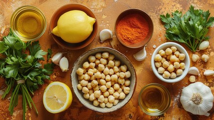 Fresh hummus ingredients flat lay, chickpeas, garlic, lemon, parsley, spices, olive oil, vibrant rustic background, top view food photography, Mediterranean cuisine preparation

