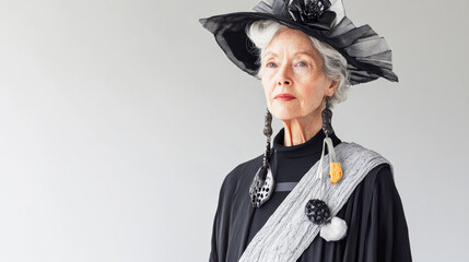 Elegant elderly caucasian woman in fashionable black attire and hat
