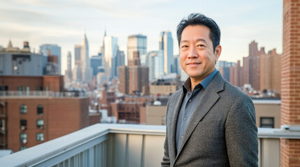 Fototapeta premium Asian male adult enjoying cityscape on rooftop with skyline in background