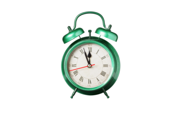 retro clock, pointer clock, green color alarm clock on isolated white background close up