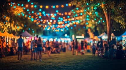 Obraz premium Blurred image of people in funfair amusement park festival in city park at night bokeh background. Summer festival holiday vacation concept.