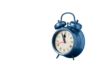 retro clock, watch, pointer clock, Blue color alarm clock on isolated white background close up