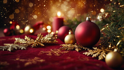 Warm Glowing Christmas Decorations on Dark Red Background, christmas tree and decorations