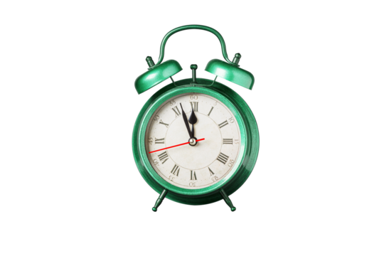 retro clock, pointer clock, green color alarm clock on isolated white background close up