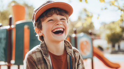 Joyful caucasian young boy laughing in sunny outdoor playground scene
