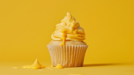 Yellow cupcake with frosting against a bright yellow background
