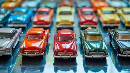 Colorful toy cars arranged in rows on a reflective surface