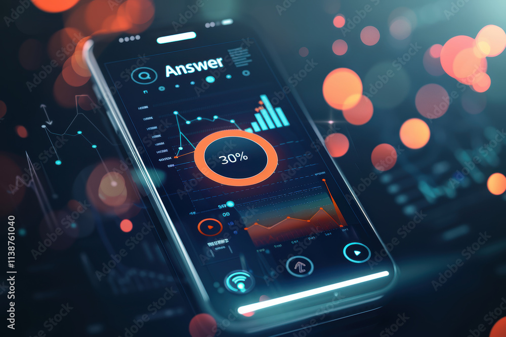 Poster professional business quiz app interface with interactive charts and answer now button