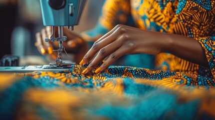 A skilled individual expertly sews colorful African fabric, showcasing intricate patterns while working in a well-lit sewing area filled with creativity