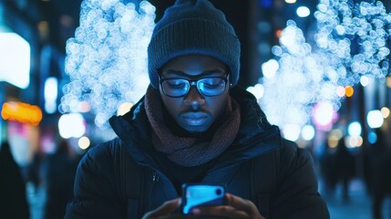 Man using smartphone at night with bokeh lights.