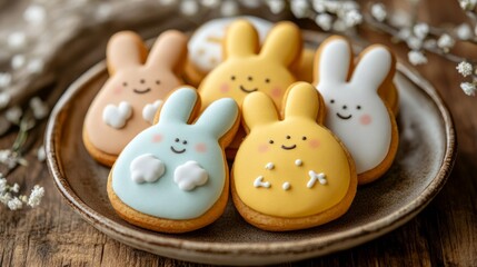Obraz premium A plate displays assorted Easter bunny cookies featuring bright colors and cheerful designs against a natural wooden backdrop with floral accents