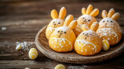 Colorful bunny shaped pastries topped with icing sugar are arranged on a wooden platter, creating a charming centerpiece for Easter festivities