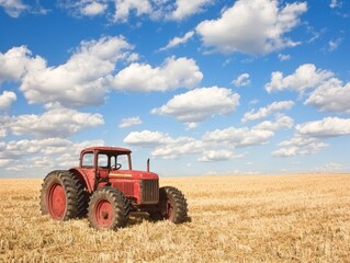 Obraz premium A vintage red tractor in a golden wheat field under a blue sky with clouds.