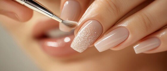 Close-up view of a detailed manicure being applied, focusing on the careful brushwork and shimmering polish on the nails in a calming salon setting