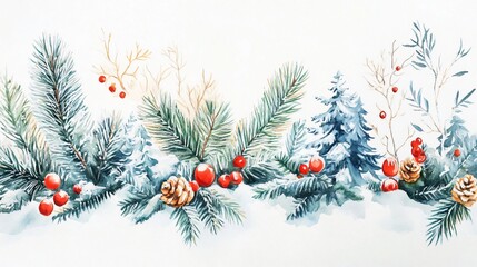 Watercolor Christmas Garland: Festive Pine Branches, Red Berries, and Snowy Wonderland