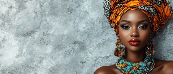 Female model displays striking African fabric headwrap and colorful jewelry, highlighting cultural heritage and beauty with a neutral backdrop enhancing her features