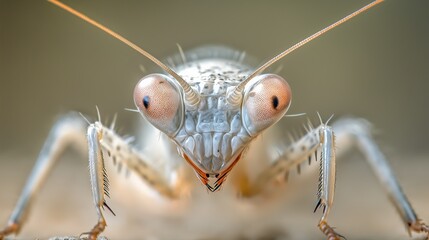 Close-up of a mantis showcasing its sharp features and large eyes against a blurred background