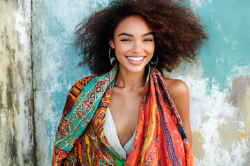 Smiling young african female with colorful scarf against textured wall